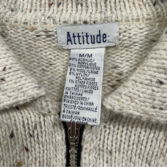 [M] Vintage Creme, Brown & Grey Speckled Winter Forest Zip-Up Knit Sweater Women - Picture 14 of 14